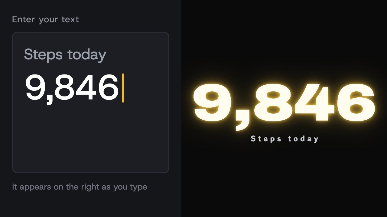 Typing text such as “9,846” in the box on the left shows the same text instantly on the right as a glowing number