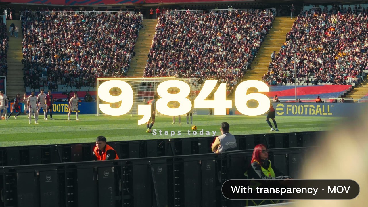 A glowing number, 9,846, laid over stadium footage, with a “With transparency · MOV” badge at the lower right